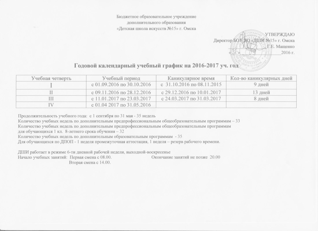 Календарный учебный план в дополнительном образовании